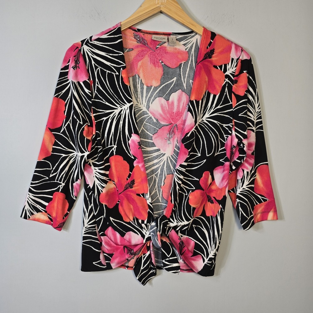 Easywear Chicos Travelers Tie Waist Top Blouse Size 1 M Tropical Floral Stretch